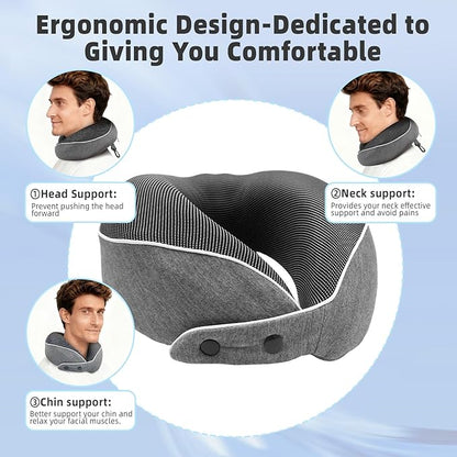 Memory Foam Travel Neck Pillow for Airplane, 360° Ergonomic Support Neck Pillow for Sleeping on Long Flights, Cars, Trains & Office, Compact & Portable with Storage Bag (Gray)
