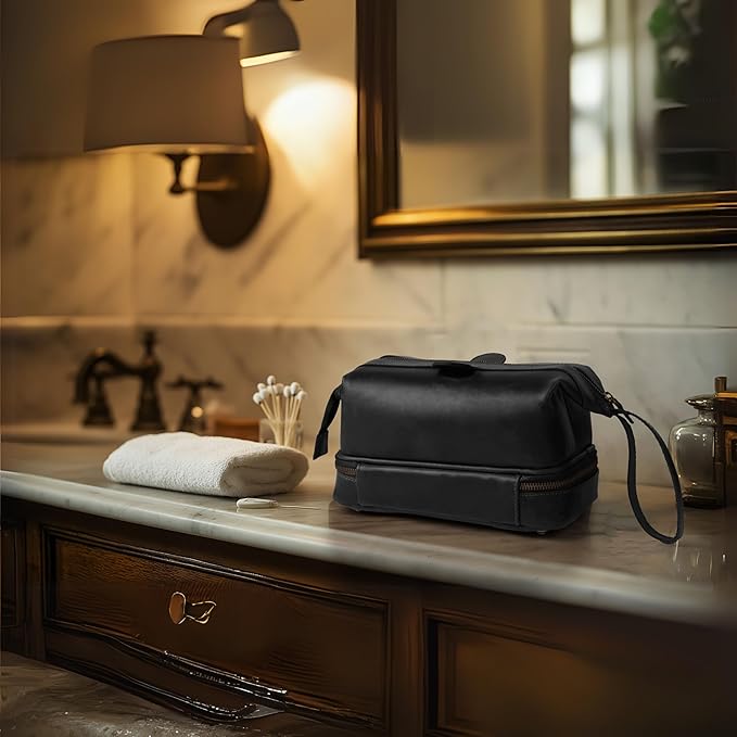 LEATHER VILLAGE Genuine Leather Dopp Kit – Large Travel Toiletry Bag with Waterproof Lining, Dual-Zip Design for Men & Women, Organizer for Shaving, Makeup & Essentials - Black