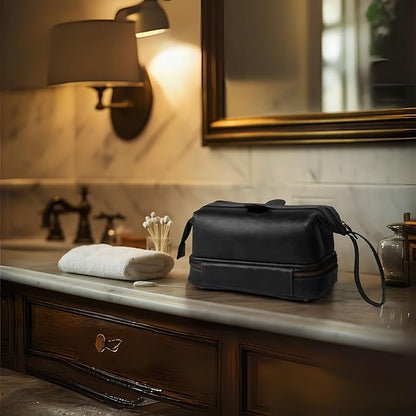 LEATHER VILLAGE Genuine Leather Dopp Kit – Large Travel Toiletry Bag with Waterproof Lining, Dual-Zip Design for Men & Women, Organizer for Shaving, Makeup & Essentials - Black