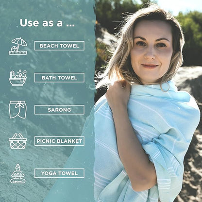 Large Turkish Beach Towel, Classic Black - Super Soft & Lightweight Quick Dry Absorbent Towels for Beach, Picnic Blanket or Bath Towel - Sand Free Organic Turkish Cotton Yarn