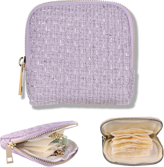 Small Travel Jewelry Case, Soft Tweed Organizer Pouch for Bangle, Bracelets, large Earrings, Beaded necklace, Anti-Scratch & Portable Jewelry Bag Holder for Travel & Everyday Use (lavender)