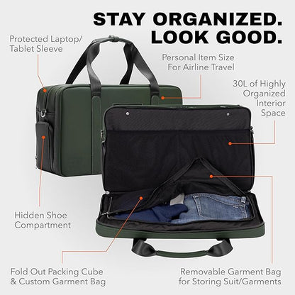 The FTL Pro Mens Travel Bag - 30L Premium Work to Gym Weekender Duffel with Garment Bag, Shoe Space & 18" Laptop Sleeve - Business Carry On Hybrid, Fits Under Airplane Seat - Abbot Green