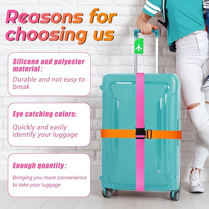 Weewooday 8 Pcs Luggage Straps Suitcase Tags Set for TSA Approved, 4 Travel Adjustable Suitcase Belt, 4 Silicone Luggage Tags with Name ID Card Travel Accessories(Blue, Pink, Green, Orange,Airplane)