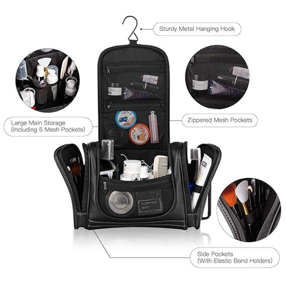 MIRASON Travel Toiletry Bag, Hanging Toiletry Bag for Men, Leather Travel Shower Bag for Toiletries Dopp Kit Bathroom Bag with Metal Hook Gift for Men (Black)
