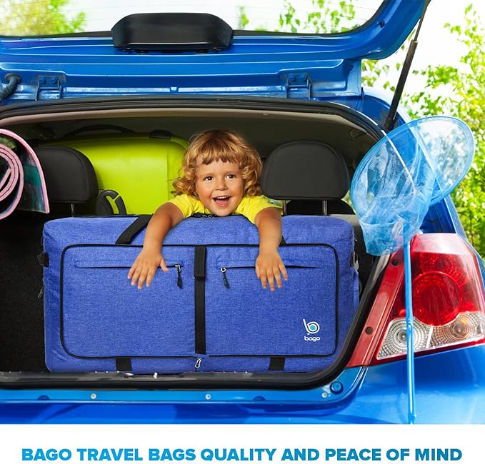 Bago Large Foldable Duffel Bags for Traveling Women & Men - 100L Packable Duffle Bag for Travel with Shoe Compartment - Water Repellant, Heavy Duty, Lightweight Folding & Collapsible (SnowDepBlue)