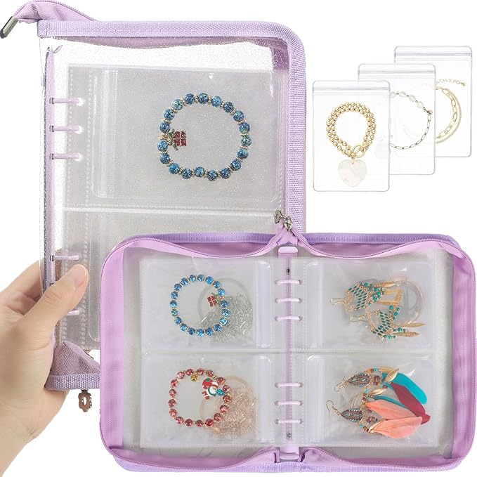 AOLEIXIYA Jewelry Organizer Book Clear Travel earring book organizer Transparent Jewelry Book with Zipper Pouch Bags (Purple,With 48 PCS Large Jewelry Bags)