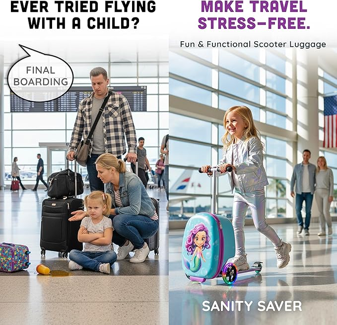 Hardshell Kids Ride-On Luggage with Scooter Suitcase – Carry-On Compliant with LED Light-Up Wheels – Fun and Functional Travel Companion for Children Ages 5–12