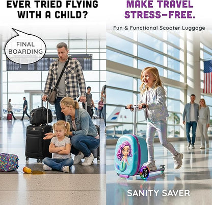 Hardshell Kids Ride-On Luggage with Scooter Suitcase – Carry-On Compliant with LED Light-Up Wheels – Fun and Functional Travel Companion for Children Ages 5–12