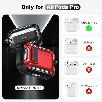 RFUNGUANGO for AirPods Pro 2nd Generation Case Cover with Cleaner Kit, Military Hard Shell Protective Armor with Lock for AirPod Gen 2 Charging Case2023, 2022, Front LED Visible,Red