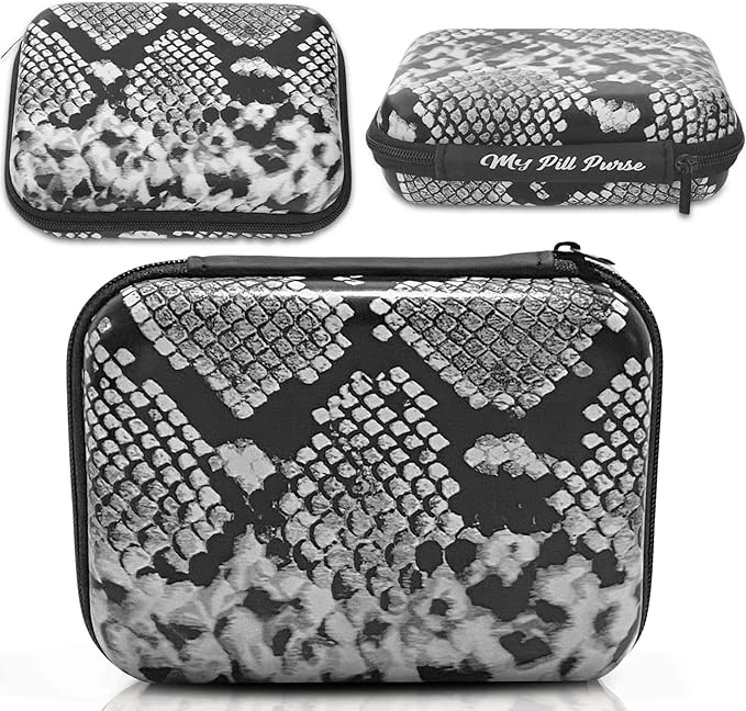 Am Pm Pill Organizer 7 Day Black/White Faux Snake Skin Medicine Storage Case Size 5.5 X 4 X 1.75 in. Med Wallet 14 Reusable Small Pill Baggies 3x4 in. Pill Pouches for Medicine, Days of The Week