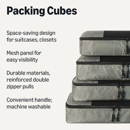 Amazon Essentials 4-Piece Packing Cubes Travel Accessories Set, Luggage Organizer with Double Zipper, Mesh Top, 100% Polyester, Large, Gray (Previously Amazon Basics)