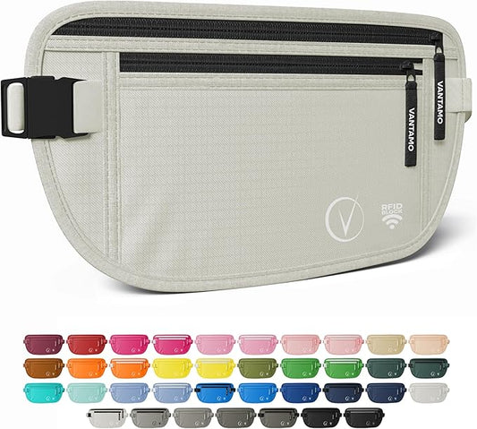 Vantamo Money Belt with RFID For Men & Women, Hidden Passport Holder for Travel, 2 Compartment Travel Fanny Pack for Women Anti Theft