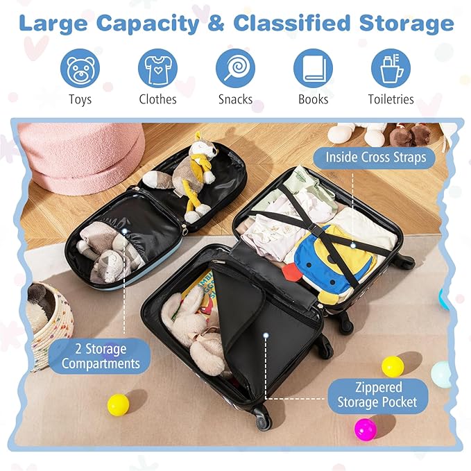 BABY JOY 2 PCS Kids Luggage, 16” Carry-on Hardshell Suitcase with Wheels & Hardside Backpack for Boys Girls, Airline-Approved Toddler Travel Luggage Set (Little Car)