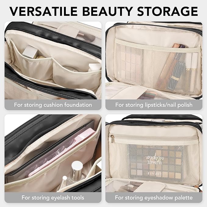 Travel Makeup Bag Women's Large Capacity Cosmetic Portable Organizer Large Opening Waterproof Storage Toiletry Bags Vertical Free-Standing Brush Holder for Easy Access Black