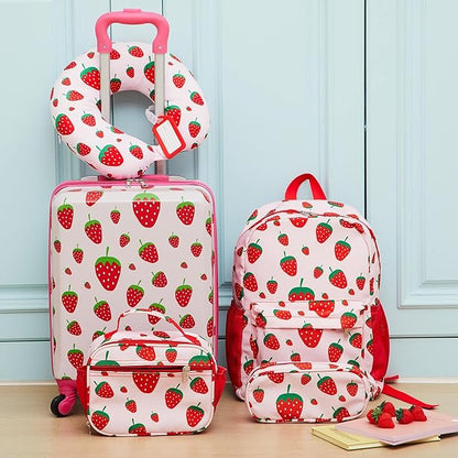 Redbaker 6 Pcs Kids Luggage Set 17 Inch Kids Rolling Luggage Double Pattern Suitcase for Girls Boys School Gift (Blush Pink,17 Inch,Strawberry Style)