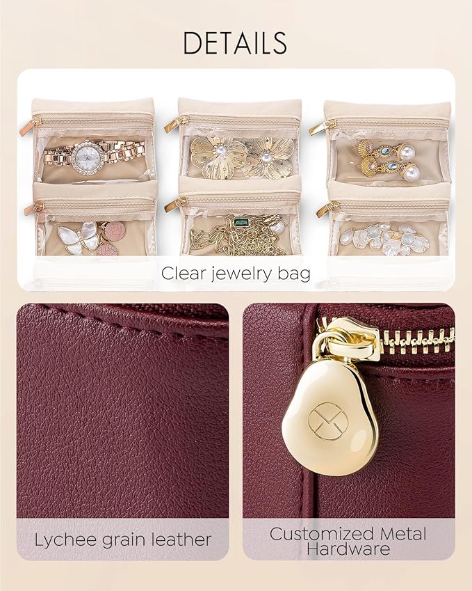 Vlando Travel Jewelry Case,Gifts for Women, Travel Jewelry Organizer with 6 Velvet Jewelry Pouch,Jewelry Box for Women Girls-Red