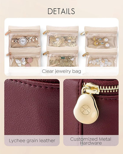 Vlando Travel Jewelry Case,Gifts for Women, Travel Jewelry Organizer with 6 Velvet Jewelry Pouch,Jewelry Box for Women Girls-Red