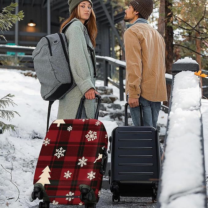 ANNA QUEEN Christmas Plaid Luggage Cover, Red and Black Check Suitcase Protector with Snowflake and Tree Pattern, Stretchable Washable Travel Sleeve for 20-22 Inch Luggage