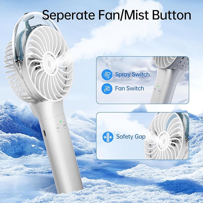 PANERGY Handheld Misting Fan – Rechargeable Battery Operated,Handheld Personal Fan with Mist Spray, Electric Hand Fans, 180° Foldable Mister Fans for Travel, Camping, Disney, Concerts, Office(White)