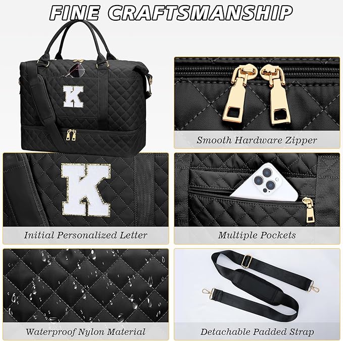 Gifts for Women Girls Initial Travel Duffle Bag Quilted Weekender Carry-On Overnight with Cosmetic Bag, Gym Bag with Shoe Compartment, Black K