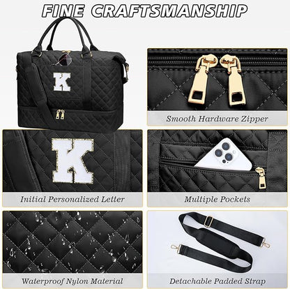 Gifts for Women Girls Initial Travel Duffle Bag Quilted Weekender Carry-On Overnight with Cosmetic Bag, Gym Bag with Shoe Compartment, Black K