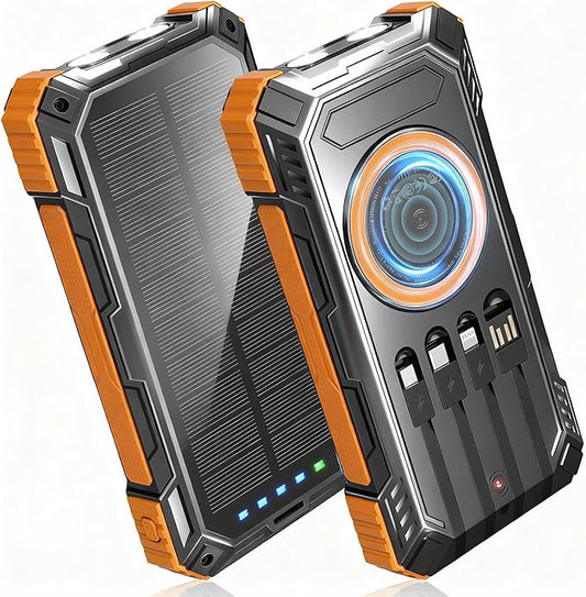 Solar Power Bank,49800mAh Wireless Portable Phone Charger with Built-in 4 Cables,22.5W Fast Charging External Battery Pack PD 3.0 USB-C In/Output for iPhone,iPad,Android,Perfect for Camping, Hiking