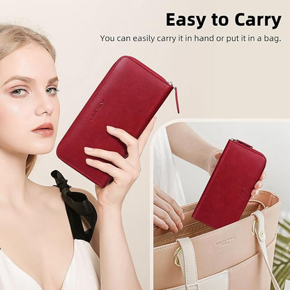 VISOUL Leather Long Zipper Pouch Wallet for Men and Women with RFID Blocking, Large Clutch Cash Long Wallet with Zipper (Burgundy)