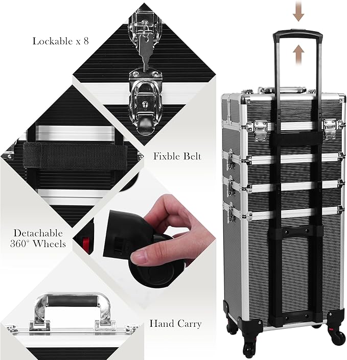 5 in 1 Professional Makeup Train Case Aluminum Cosmetic Case Rolling Makeup Case ExtraLarge Storage Organizer with Key Swivel Wheels Salon Barber Case for Make Up Nail Hairstylists, Black