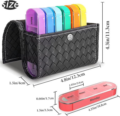 LIZIMANDU Weekly Travel Pill Case Box Medication Reminder Daily AM PM, 7 Compartments, 4 Times A Day, 7 Days a Week - Includes Leather PU Carrying Case (1-Weave Black)