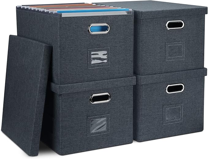 4-Pack Modern Minimalist Dark Gray Collapsible Linen File Folder Box with Lid for Letter Size Hanging Files, Office Organization, General Storage