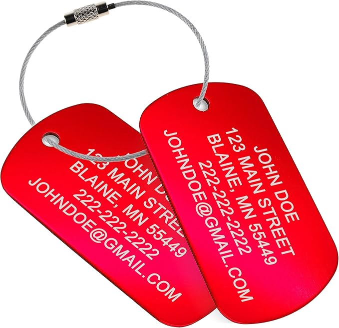 High Visibility Durable Anodized Aluminum Personalized Luggage Tag - 2 Pack, Customizable Travel ID Tag for Luggage, Golf Bags & More - Custom Luggage Tag (Red)