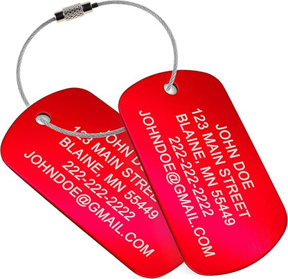 High Visibility Durable Anodized Aluminum Personalized Luggage Tag - 2 Pack, Customizable Travel ID Tag for Luggage, Golf Bags & More - Custom Luggage Tag (Red)