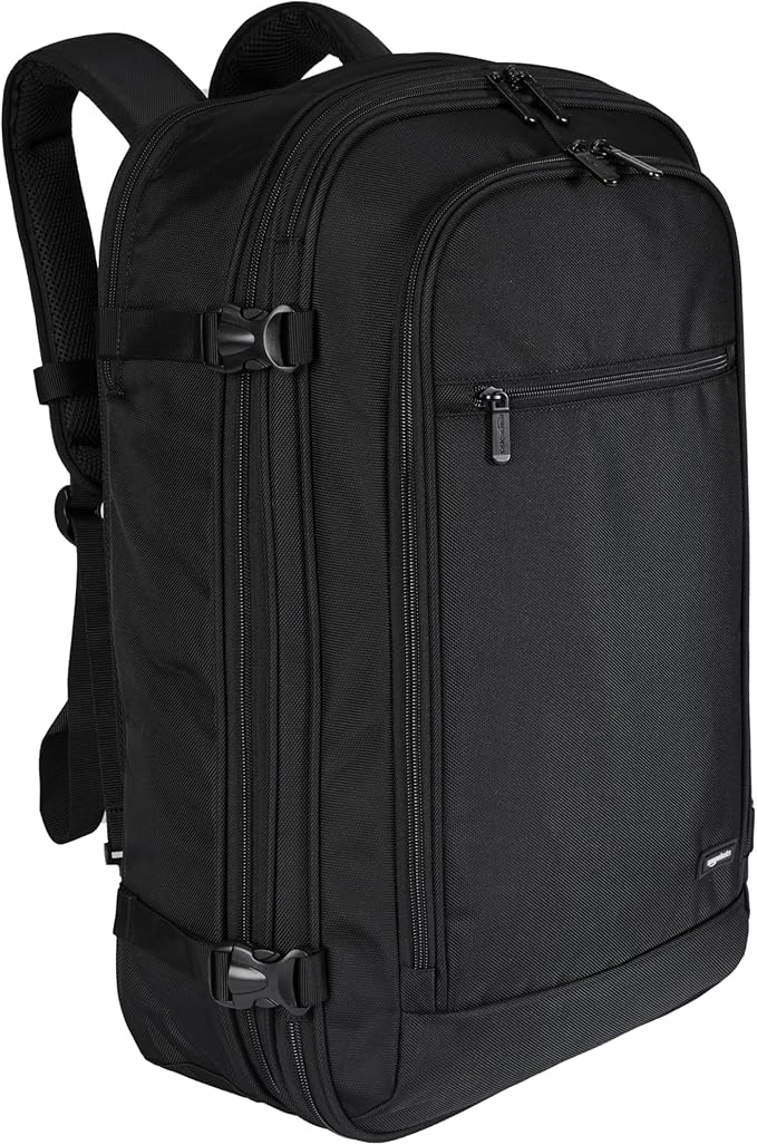 Amazon Basics Travel Backpack, Carry On Backpack, With Laptop Compartment, 40L Capacity, Expandable for 10% Extra Space, Backpack & Shoulder Bag Dual Use, 15.8"W x 21.5"H x 8.3"D, Black