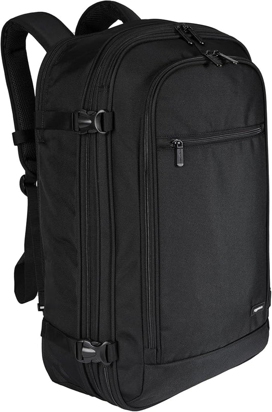 Amazon Basics Travel Backpack, Carry On Backpack, With Laptop Compartment, 40L Capacity, Expandable for 10% Extra Space, Backpack & Shoulder Bag Dual Use, 15.8"W x 21.5"H x 8.3"D, Black