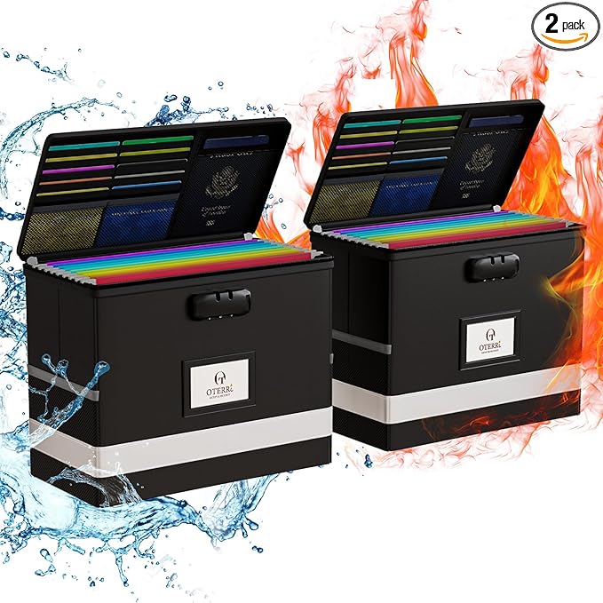 Oterri 2 Pack Fireproof Document Box With Lock, Portable File Safe Box Fireproof Waterproof For Letter Files, Collapsible Fireproof File Box With Handle Black
