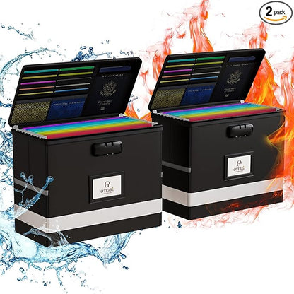 Oterri 2 Pack Fireproof Document Box With Lock, Portable File Safe Box Fireproof Waterproof For Letter Files, Collapsible Fireproof File Box With Handle Black