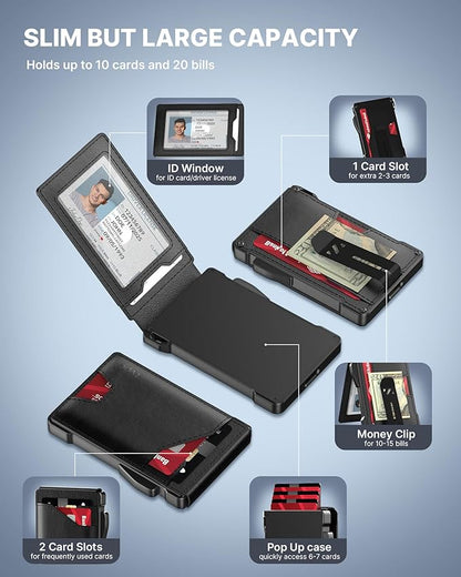 typecase Tactical Wallet for Men Card Holder: Pop Up Card Case, Genuine Leather, Smart, RFID Blocking, Slim, Minimalist, Thin, Front Pocket - 9-13 Card Capacitiy, ID Window, Money Clip (Black)