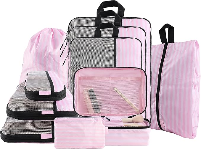 U+U 10 Set Compression Packing Cubes - Ultralight Pink Stripe Travel Organizers with Laundry Bag, Space-Saving Suitcase Organizer, Expandable Packing Cubes for Travel and Family Vacation (Pink Stripe)