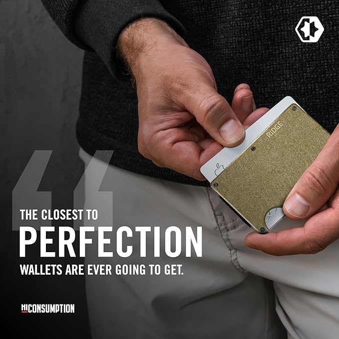 Ridge Wallet for Men - Slim Minimalist Compact Wallet and Card Holder, RFID Protected Front Pocket Wallets for Men with Integrated Cash Strap (Brass)