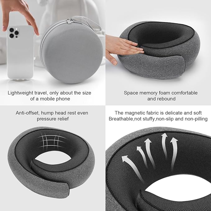 Travel Pillow for Airplane, Neck Pillow 100% Memory Foam with Comfortable Support for Long Flights, Cars, Trains Office & Home with Storage Box(Grey)