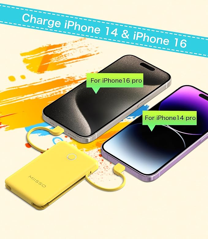 miisso 6000mah Ultra Slim Built in Cables Power Bank, Card Size Built in USB C Cords Battery Pack Portable Charger for Phones, 3 Output External Battery Pack Compatible with iPhone, Yellow