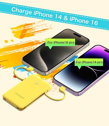 miisso 6000mah Ultra Slim Built in Cables Power Bank, Card Size Built in USB C Cords Battery Pack Portable Charger for Phones, 3 Output External Battery Pack Compatible with iPhone, Yellow