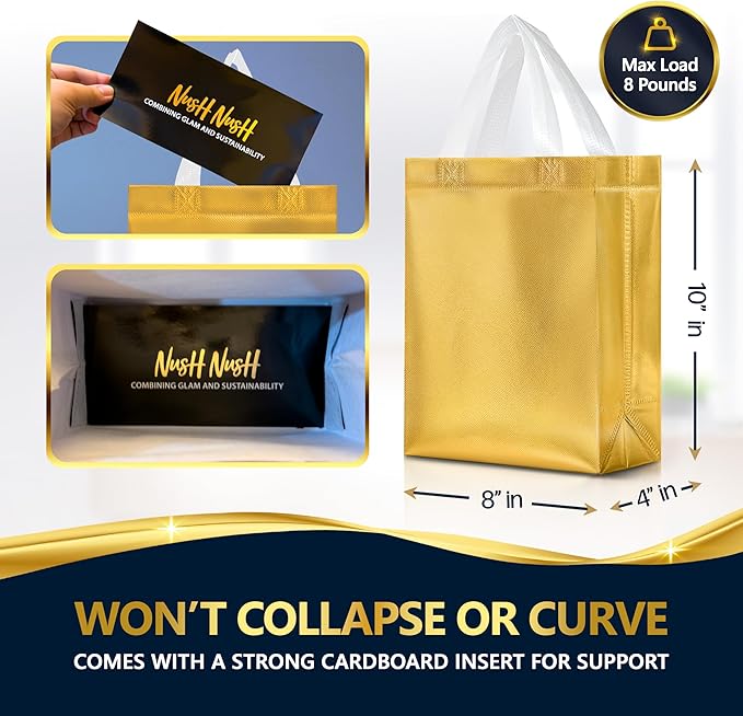 Nush Nush Set of 30 Shiny Gold Gift Bags in Bulk - Reusable Gold Gift Bags With Handles - Perfect For Small Business Use, Christmas, Birthdays, Events, Party Favors, Weddings, Holiday - 8Wx4Dx10H Size