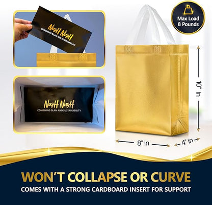 Nush Nush Set of 60 Gold Gift Bags Bulk – Medium Size Reusable Gold Gift Bags With Handles - Perfect Party Favor Bag for Christmas, Wedding, Bachelorette Party Favors and Goodies – 8W x 4D x 10H