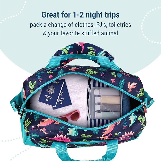 Wildkin Kids Overnighter Duffel Bag – Carry-On Size, Ideal for School & Sleepovers – Darling Dinosaurs