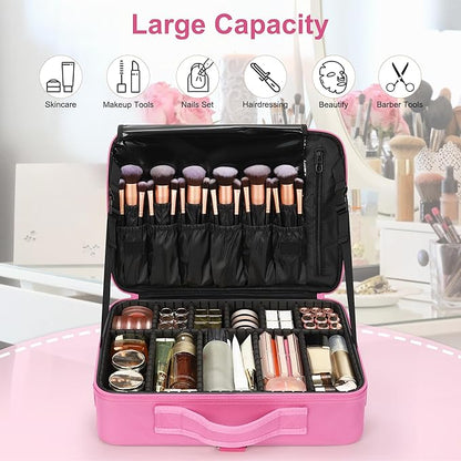 Relavel Makeup Case Large Makeup Bag Professional Train Case Travel Cosmetic Organizer Brush Holder Waterproof Makeup Artist Storage Box, 3 Layer Large Capacity, with Adjustable Strap, Rose Pink