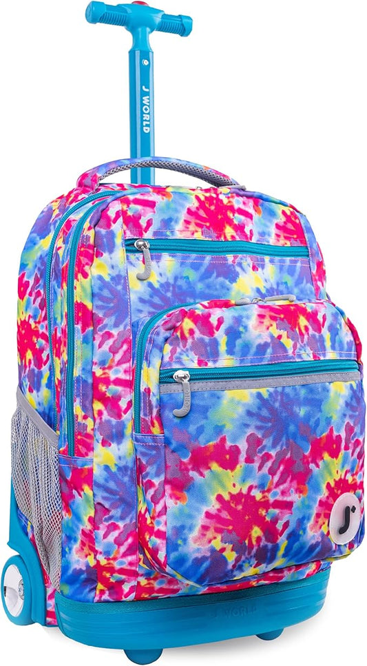 J World Sundance Laptop Rolling Backpack for Girls Boys. Roller Bookbag with Wheels, Tie Dye