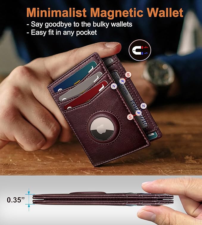 Airtag Slim Leather Wallet for Men - 12-Card Capacity, Magnetic Closure, Money Clip & Simplified Bill Compartment, RFID Blocking (4.3" x 3.0") | Gift Boxed