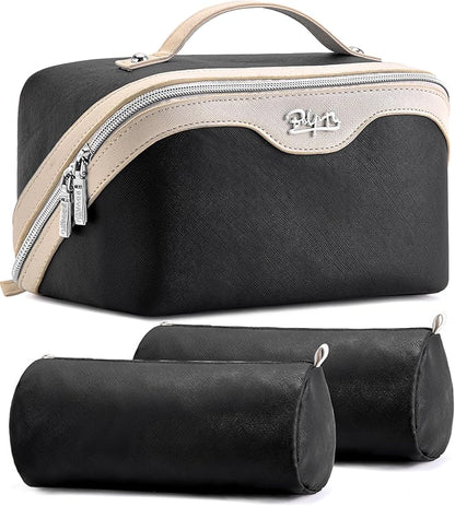 BOYATU Travel Makeup Bag Organizer Cosmetic Bag: 3 Pcs Set Make up Bags for Women with Handle - Waterproof Vegan Leather Toiletry Bags Travel Essentials Pouch with Compartments (04-Black)
