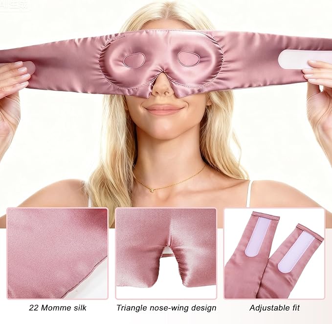 VOCOSTE 22 Momme Pure Silk Sleep Mask with Travel Pouch, 3D Contour Adjustable Blindfold for Side Sleepers, Eyelash Protecting for Natural Lashes & Extensions, Bean Pink